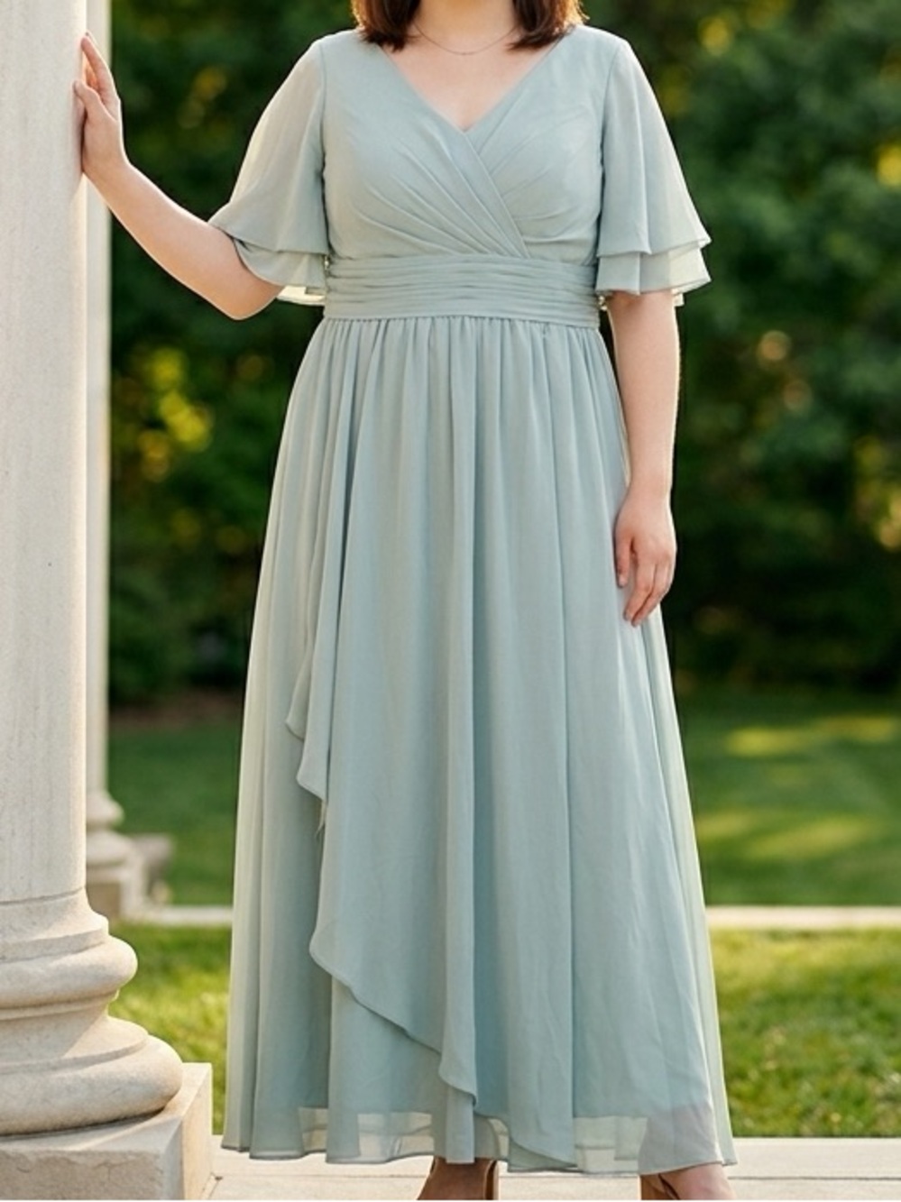 Elegant Sage Green V-Neck Chiffon Dress